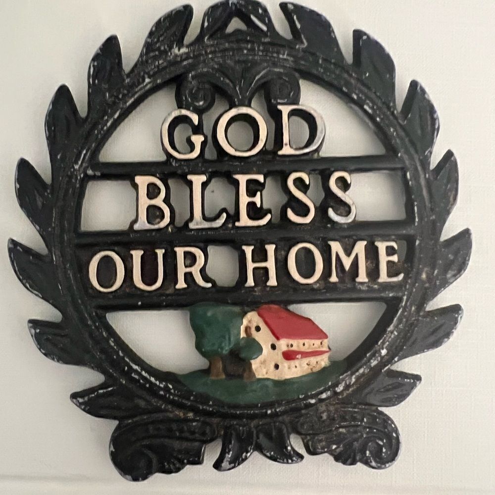 Vintage small God Bless Our Home black metal plaque.